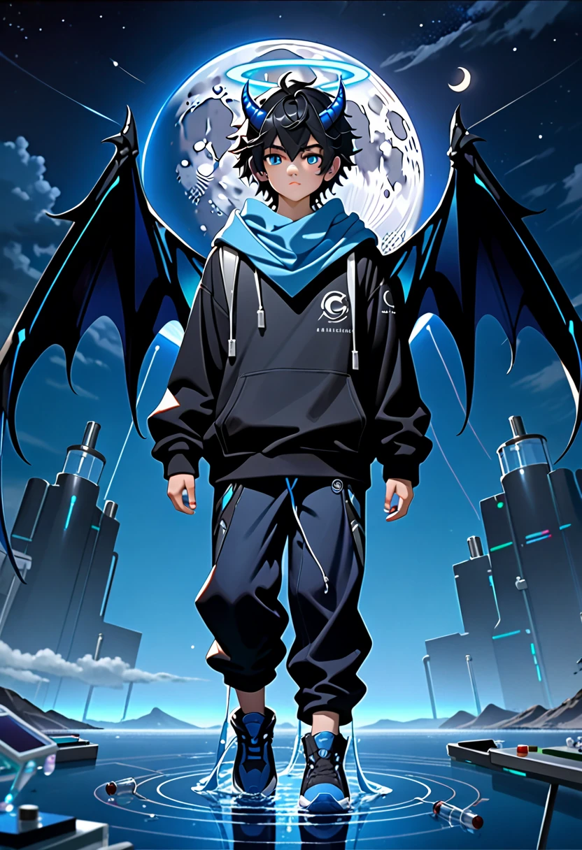 masterpiece, highest quality, highest resolution, clear_image, photo realistic, detailed details, (1 teen boy, scruffy black hair, bangs, Blue eyes, moon, dark night, long earrings, black hoodie, blue demon horns, sky blue scarf (around the neck), sky blue futuristic halo, futuristic dragon wings, beautiful, full body, no water marks, laboratory, no extra limps, no extra body