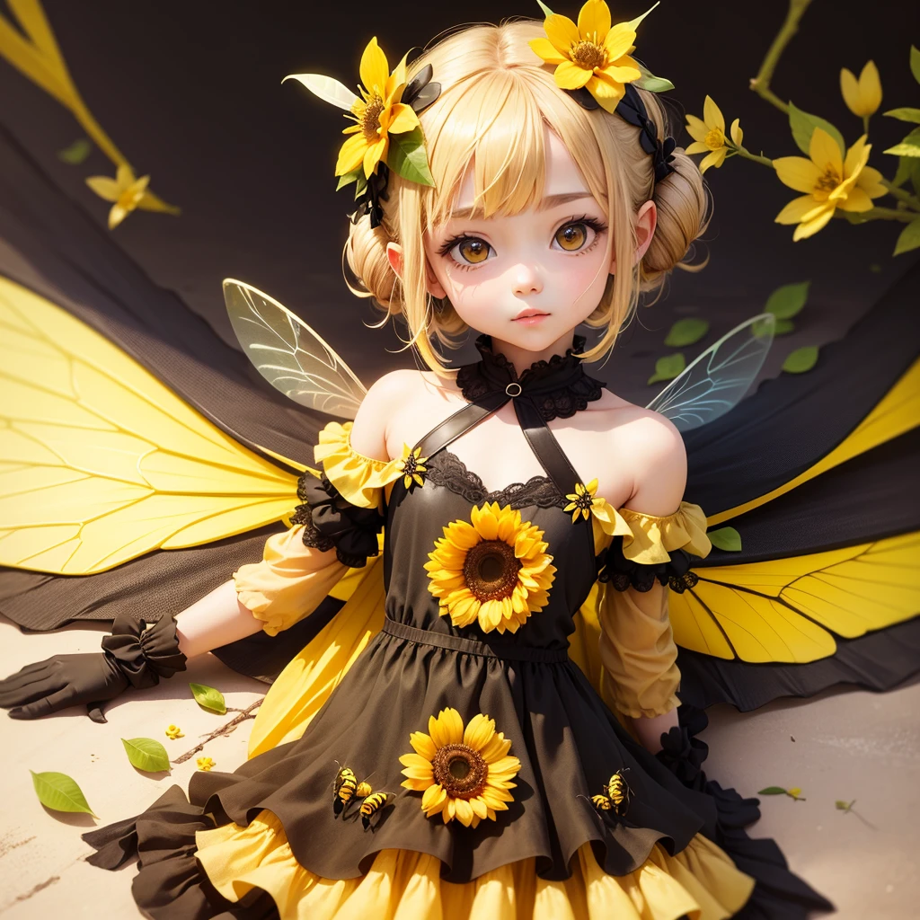 cute little bee girl flower transparent wings bee leaf yellow and black clothes fairy