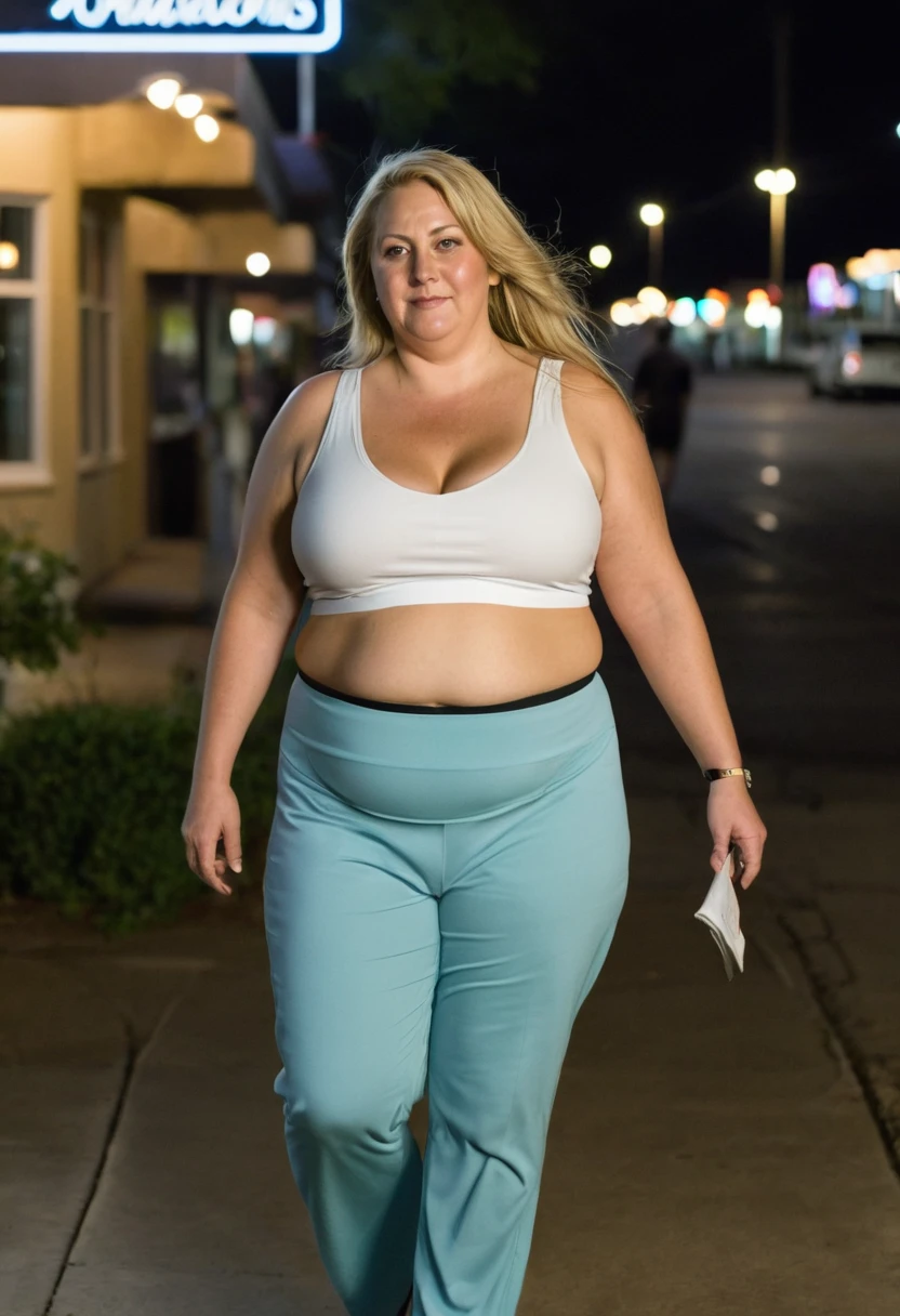 A woman over 39 years old with big breasts, wide hips and fat butt and walking down the street completely naked and only wearing a pair of tennis shoes with socks