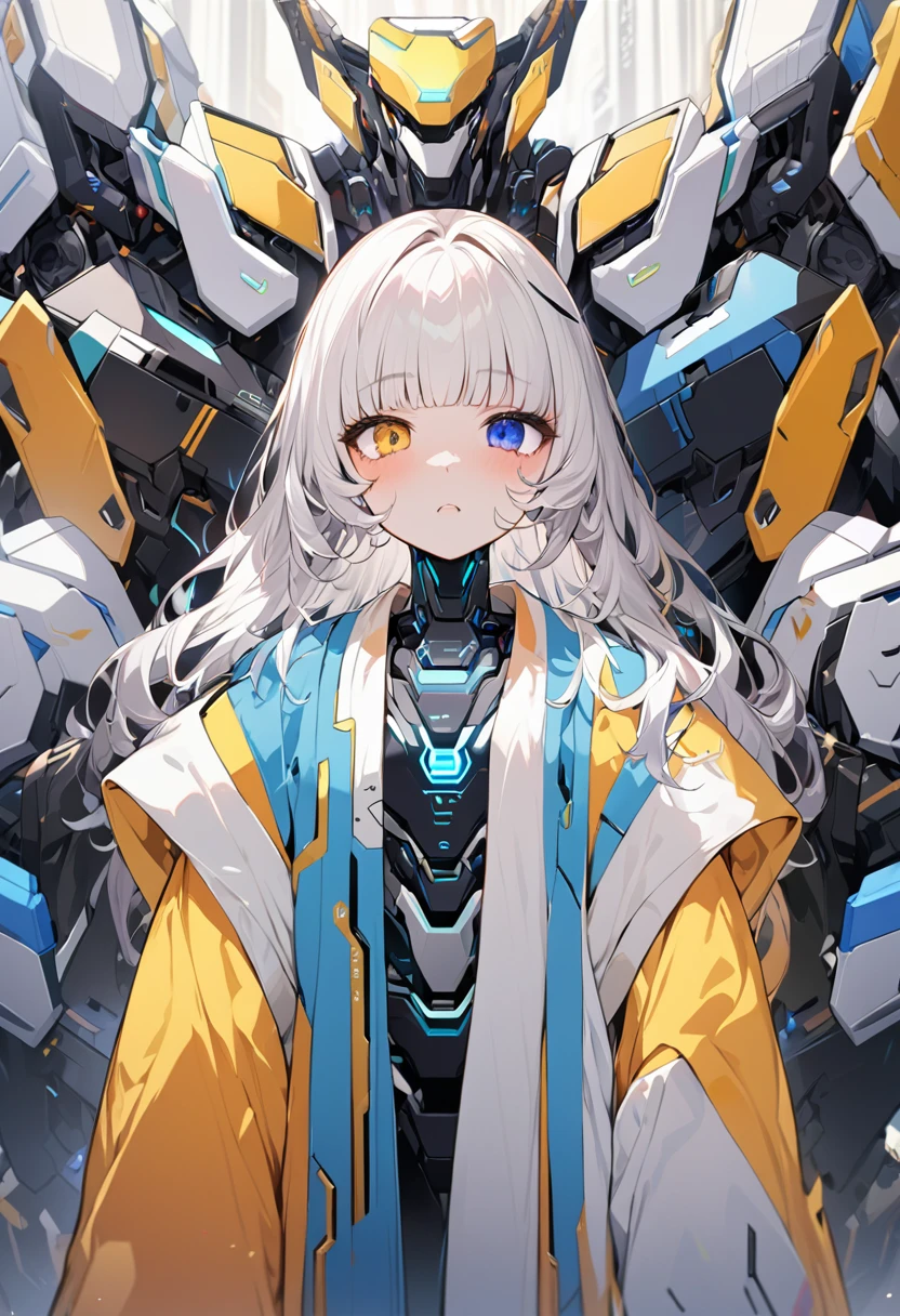 (masterpiece:1.4), (artwork:1.2), (Soft and simple colors:1.2), (Mechanical Arm:1.1), (Heterochromia iridis+Multicolor:1.33), (One girl:1:1), (long white hair with bangs,), (Portraiture:1:1), (Best Dissinger), (Wearing a robot+Technology Robe:1:2),（（（see through）））(Very tight eyes:1.3), (Well done Iris+I drew+perfection:0.8)0.7], (Highly detailed CG 8k unit wallpaper 0.6), (Machine Shop Scenario:1:1)