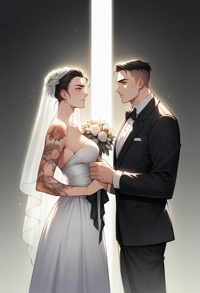 /imagine a realistic intricately detailed beautiful black woman wearing a long sleeved turtle necked Samara weaving lace wedding gown with a long veil and a long monarch train and a realistic intricately detailed handsome black man with tattoos on his face and body and a buzz cut hairstyle, he is wearing a black three piece tuxedo with a black shirt a black bowtie standing on a wedding altar featuring floral designs and decorations in the background : cinematic lighting, dynamic lighting, photography, hyper realistic, ultra HD resolution, dynamic lighting blends with natural light, broad Aspect ratio.