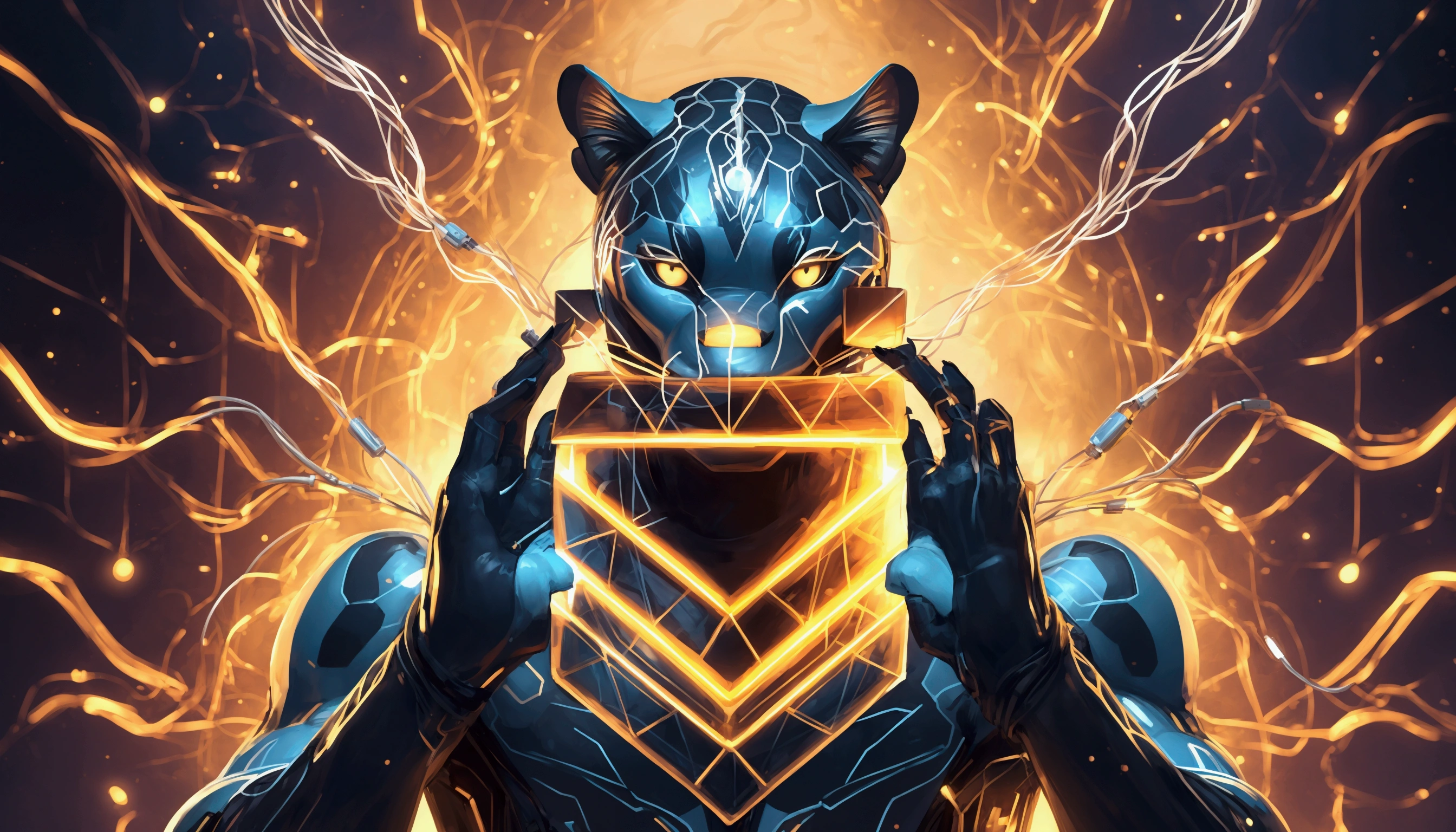 zoom out from cyber panther faced humanoid with wires connected to network electricity between his hands; concept of internet security hacker