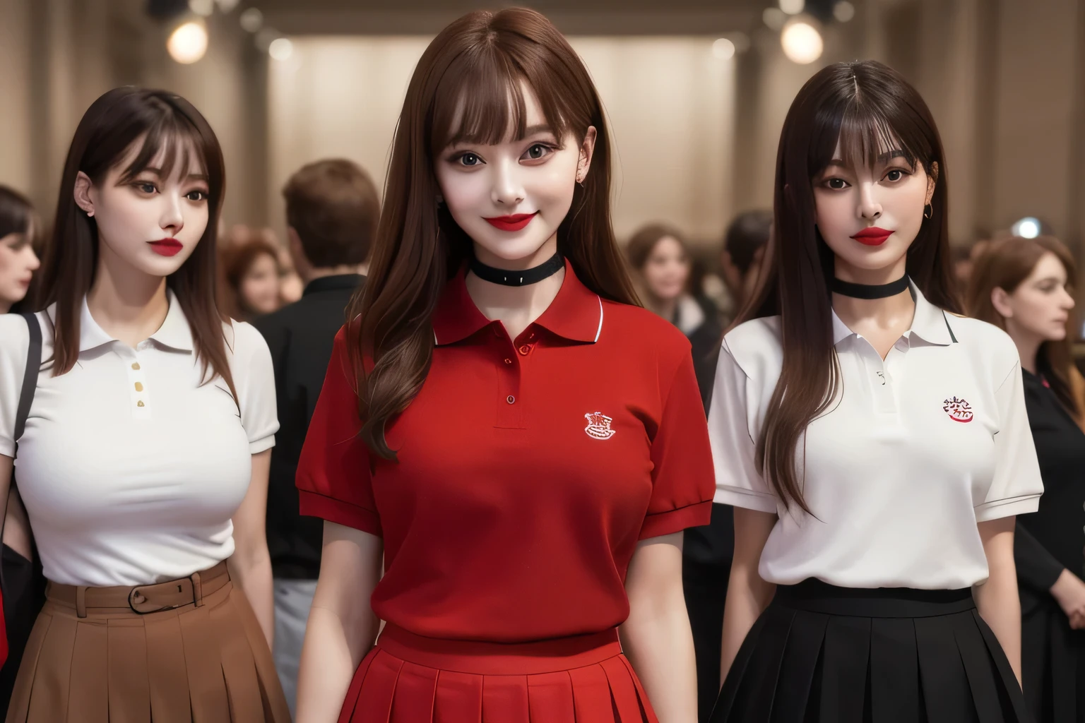 Highest quality, masterpiece, Group photo, Crowded, Straight long hair, Brown Hair, sexy, A line of women, Women waiting in line, Only women, Sisters, ((tight red polo shirt、mini skirt, uniform, uniform)),Full body photo:1.9, Adorable, smile, Slim face, Slim body, ロングBrown Hair, 32k, masterpiece, Best image quality,Ultra-high resolution,Perfect hands,Black Choker、bangs、Very lush and long eyelashes, Lots of women、((Big Breasts)), Dependents, Big Breasts, Red lipstick, Concert Hall