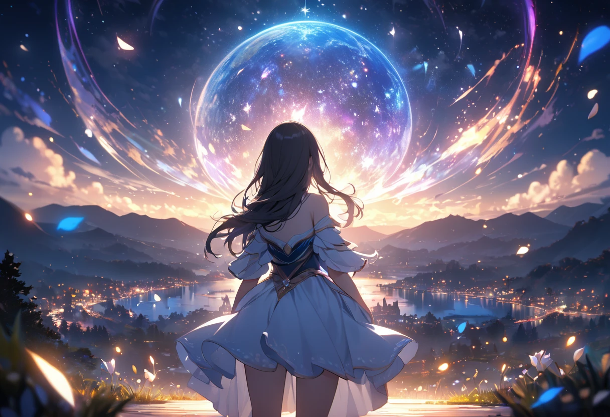 (((zoom out))),8K,((Highest quality)),((high-res)),((shot from behind)),night,She stands front of an magical world, ,soft focus,thank you!
