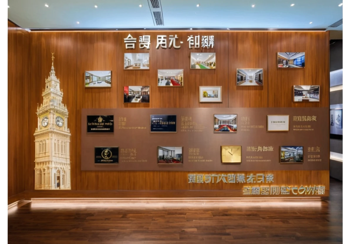 best quality,Interior design master works,Exhibition hall wall,Wood、leather、Metal trim back panel,English clock tower、photo、Company slogan