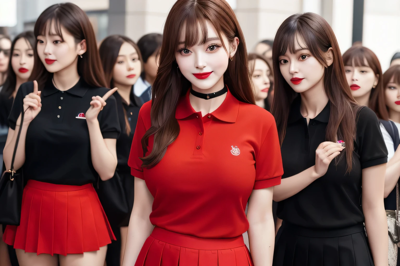 Highest quality, masterpiece, Group photo, Crowded, Straight long hair, Brown Hair, sexy, A line of women, Women waiting in line, Only women, Sisters, ((tight red polo shirt、mini skirt, uniform, uniform)),Full body photo:1.9, Adorable, smile, Slim face, Slim body, ロングBrown Hair, 32k, masterpiece, Best image quality,Ultra-high resolution,Perfect hands,Black Choker、bangs、Very lush and long eyelashes, Lots of women、((Big Breasts)), Dependents, Big Breasts, Red lipstick, Concert Hall