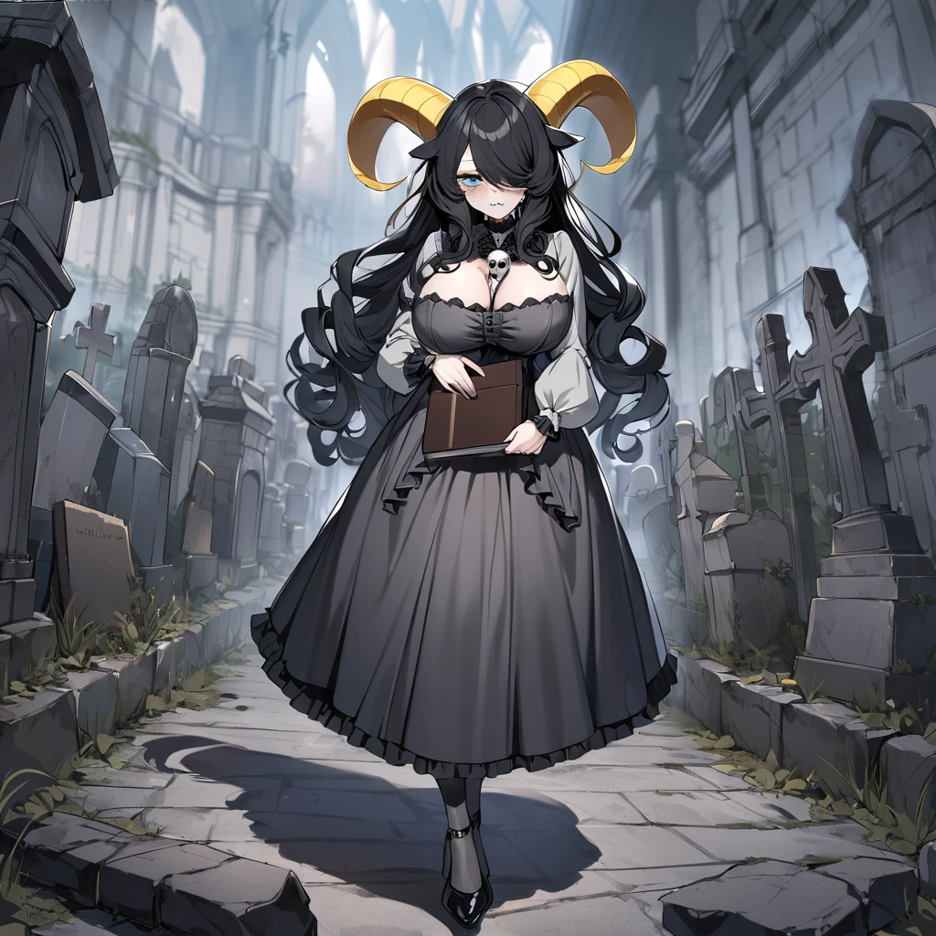 1goat girl, goat ears, yellow horns, long curly black hair, black hair covering eyes, perfect eyes blue eyes, sinister face, skull necklace, victorian clothing, black and grey fluffly dress, long grey stockings, black heels, book in the hand, big breasts, big ass, cemetery background