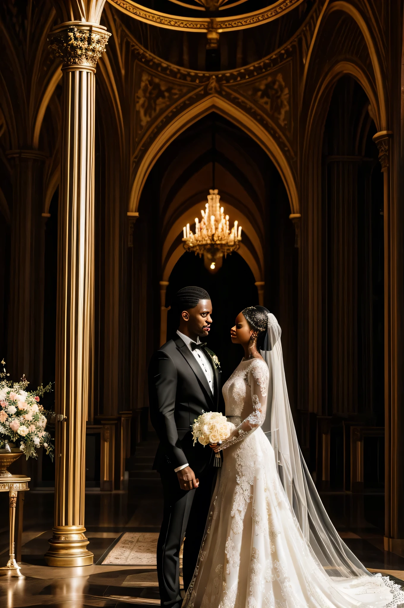 /imagine a realistic intricately detailed beautiful black woman wearing a long sleeved turtle necked Samara weaving lace wedding gown with a long veil and a long monarch train and a realistic intricately detailed handsome black man with tattoos on his face and body and a buzz cut hairstyle, he is wearing a black three piece tuxedo with a black shirt a black bowtie standing on a wedding altar featuring floral designs and decorations in the background : cinematic lighting, dynamic lighting, photography, hyper realistic, ultra HD resolution, dynamic lighting blends with natural light.