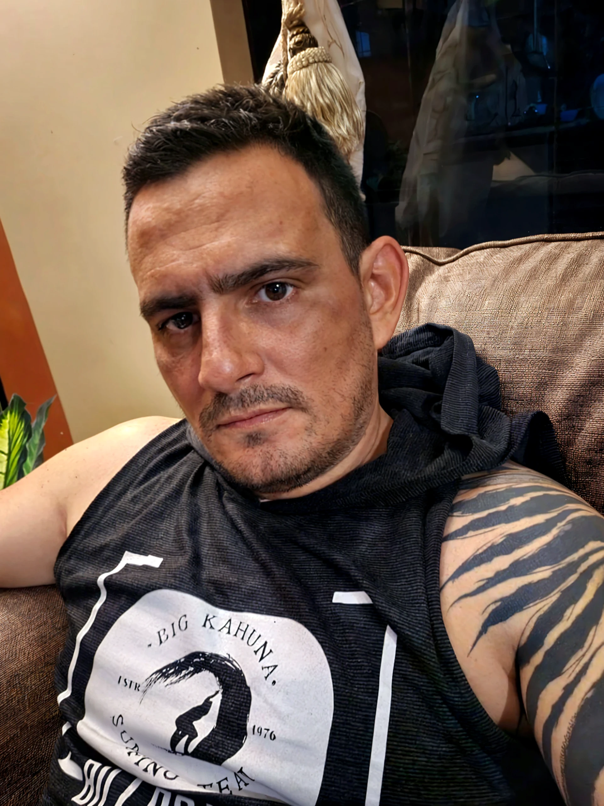 male, 5”6 106lbs, bipolar, slim and slightly muscular, brown fluffy medium length hair, blue left eye brown right eye, likes baggy clothing, wears rings and bracelets, recon German speaker, New York accent, raspy and deep voiced but soft spoken, acrobatic,has many tattoos, he has black snake bite piercings, he has inhuman smell, normally has a brown bomber jacket on, scary looking, has fang like teeth, has scars on his face, neck & arms, ADHD having, fox hybrid so he has the ears and tail and paw like feet