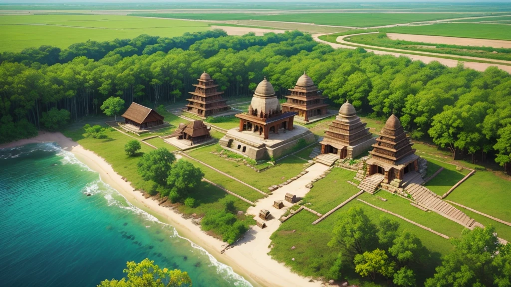 Beautiful scenery of ancient Indian village. Aerial view, Photorealistic photos, High definition.