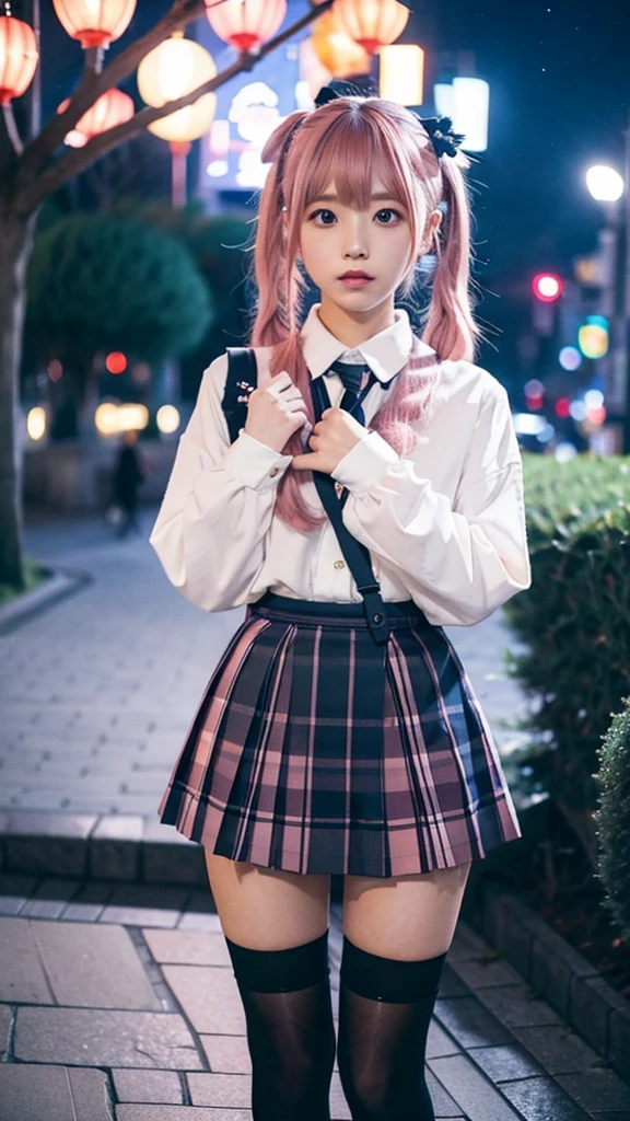 KokoaAisu, 1girl, blue skirt, blurry, blurry background, blurry foreground,   day, depth of field, photo background, thighhighs, town, tree, zettai ryouiki, short twintails, pink hair, tokyo \(city\), japan, shop, night, night sky, 
masterpiece, best quality, digital art, intricate detail,  