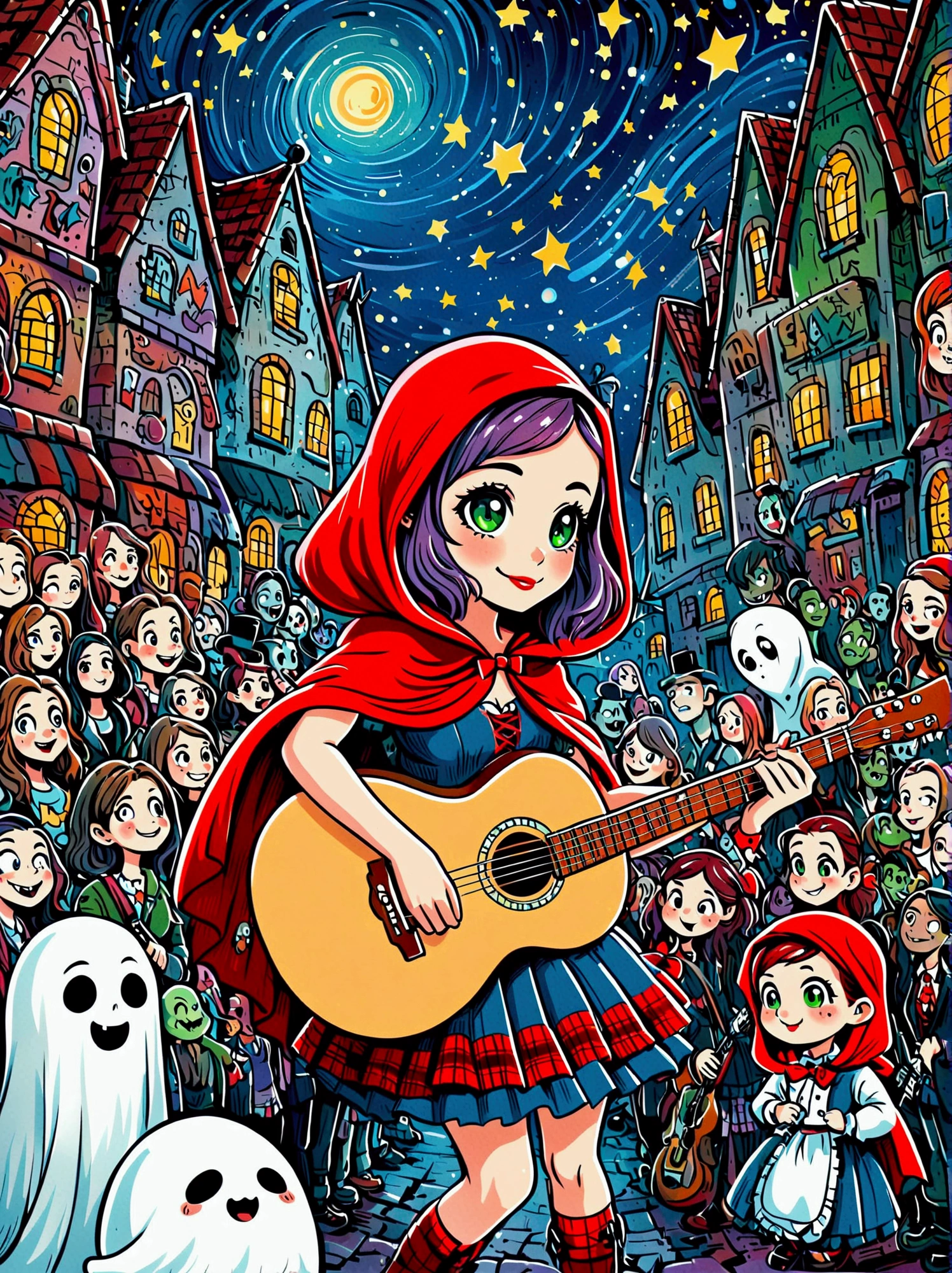 (masterpiece，Best quality:1.2，lifelike:1.4)，Cartoon Characters，Vector illustration，Cartoon hand drawn, 1girl, solo, Cute young charming little red riding hood girl，Strong zombie makeup, Playing an old guitar，the guitar player，(Ghost Crowd)，Ghost Viewer，(Concert scene:1.5)，Starry nights，Gloomy and foggy atmosphere，The cute absurdity，The attraction and rejection of extraordinary appearance，Magical naive art，Bright blue and green, 1kexx1