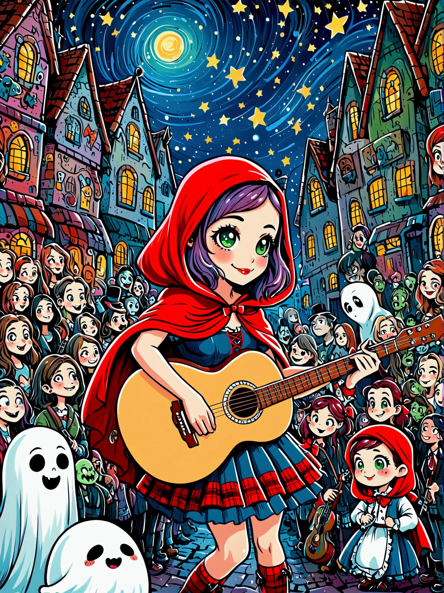 (masterpiece,Best quality:1.2,lifelike:1.4),Cartoon Characters,Vector illustration,Cartoon hand drawn, 1girl, solo, Cute young charming little red riding hood girl,Strong zombie makeup, Playing an old guitar,the guitar player,(Ghost Crowd),Ghost Viewer,(Concert scene:1.5),Starry nights,Gloomy and foggy atmosphere,The cute absurdity,The attraction and rejection of extraordinary appearance,Magical naive art,Bright blue and green, 1kexx1