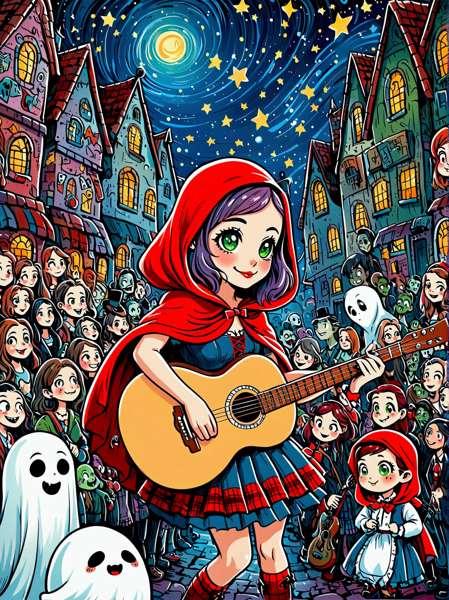 (masterpiece，Best quality:1.2，lifelike:1.4)，Cartoon Characters，Vector illustration，Cartoon hand drawn, 1girl, solo, Cute young charming little red riding hood girl，Strong zombie makeup, Playing an old guitar，the guitar player，(Ghost Crowd)，Ghost Viewer，(Concert scene:1.5)，Starry nights，Gloomy and foggy atmosphere，The cute absurdity，The attraction and rejection of extraordinary appearance，Magical naive art，Bright blue and green, 1kexx1