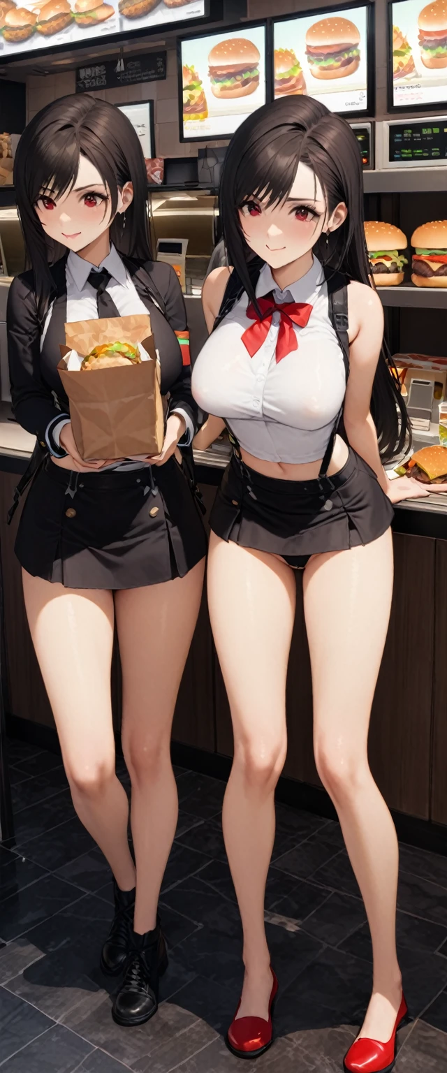 Highest quality, Super quality, 16K, Incredibly absurd, Very detailed, delicate and dynamic, SFW, Natural light, , Diffuse reflection of light, Vortex of Light, In-store pop, , Fast food restaurants, McDonald, hamburger, Sparkling, Create amazing image effects, cash register, Full body close-up, (cute sexy girl, firm busts, sexy long legs, hamburgerショップの店員, Sensual expression, fine, Active, smile, cash registerで接客, paper bag, , , black long hair, hamburgerショップのUniform, Store clerk uniform, hamburgerショップ店員の帽子をかぶる, Tifa Lockhart Final Fantasy VII )