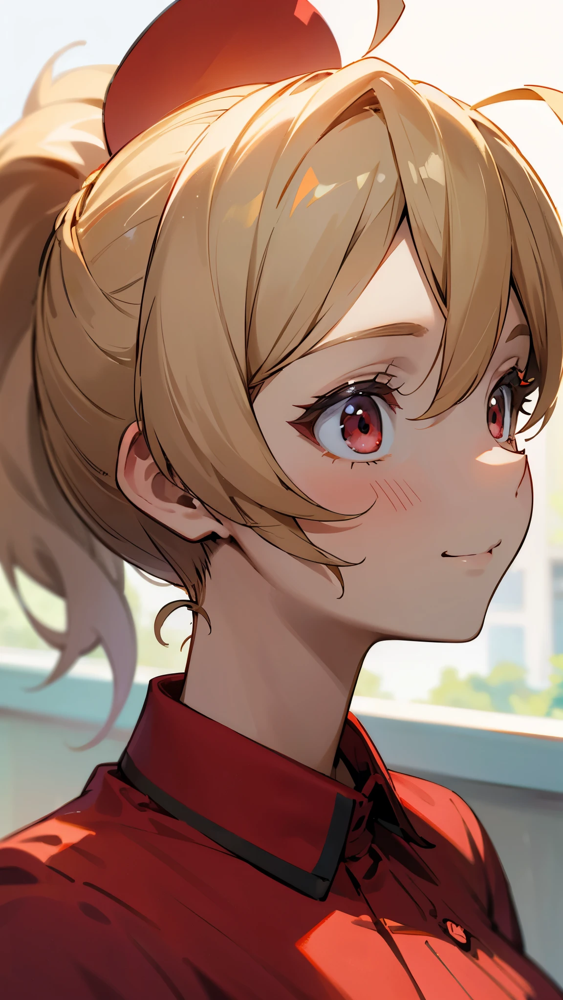 1girl、blonde、ponytail、Round red eyes、Ahoge、red blouse shirt、smile、profile、Face close-up、Morning Cafe Terrace、Background blur, Written boundary depth