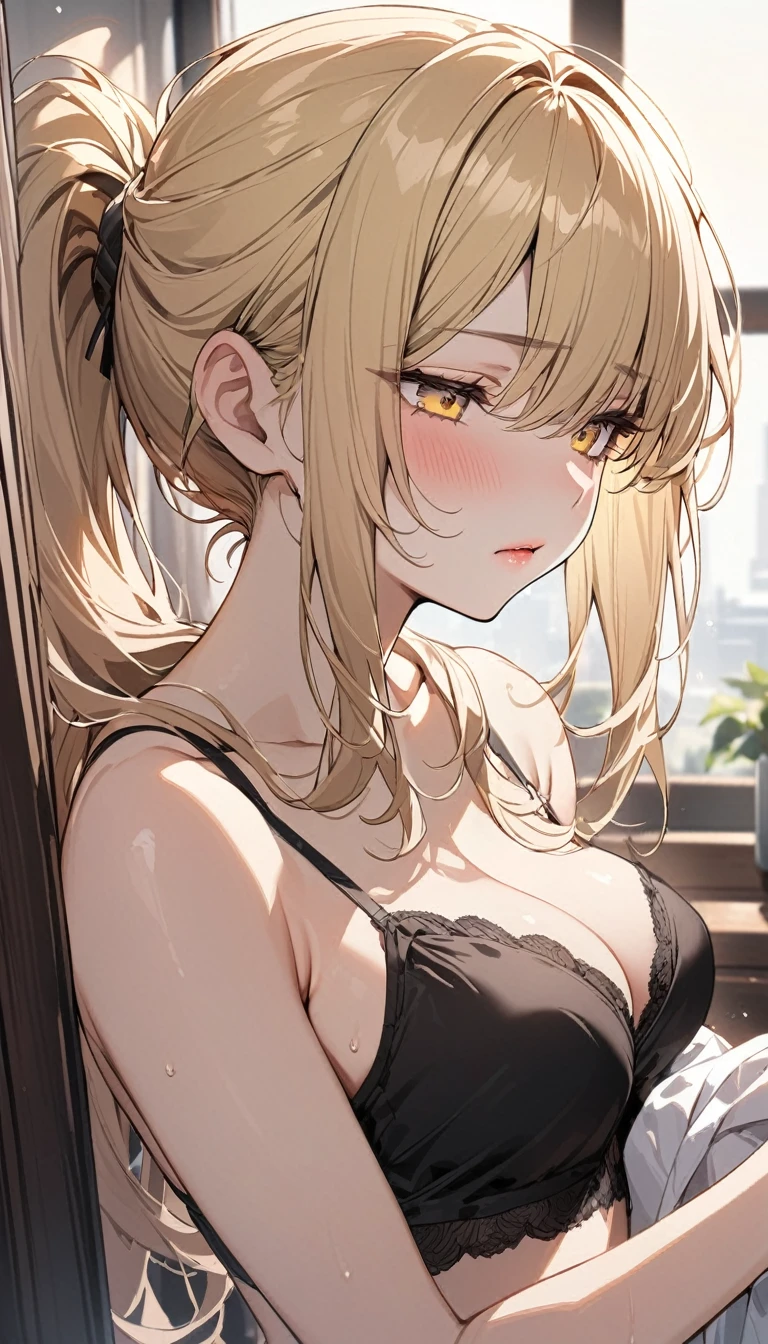 Highest quality masterpiece High resolution Long blonde hair ponytail Character Portrait Yellow Eyes Pale pink lips F Cup Fluffy body indoor Sleepy face morning Changing clothes Black underwear