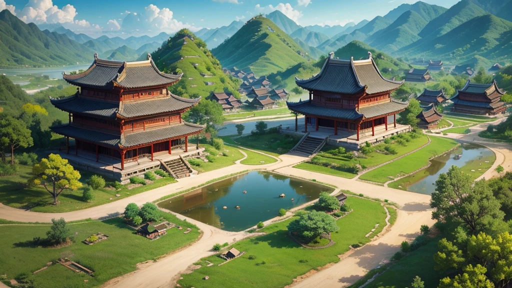 Beautiful scenery of ancient Chinese village. Aerial view, Photorealistic photos, High definition.