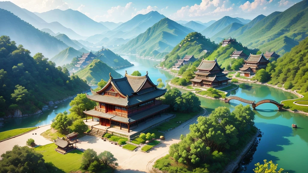 Beautiful scenery of ancient Chinese village. Aerial view, Photorealistic photos, High definition.