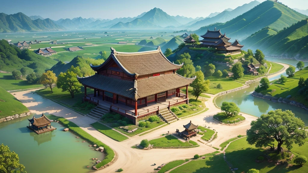 Beautiful scenery of ancient Chinese village. Aerial view, Photorealistic photos, High definition.