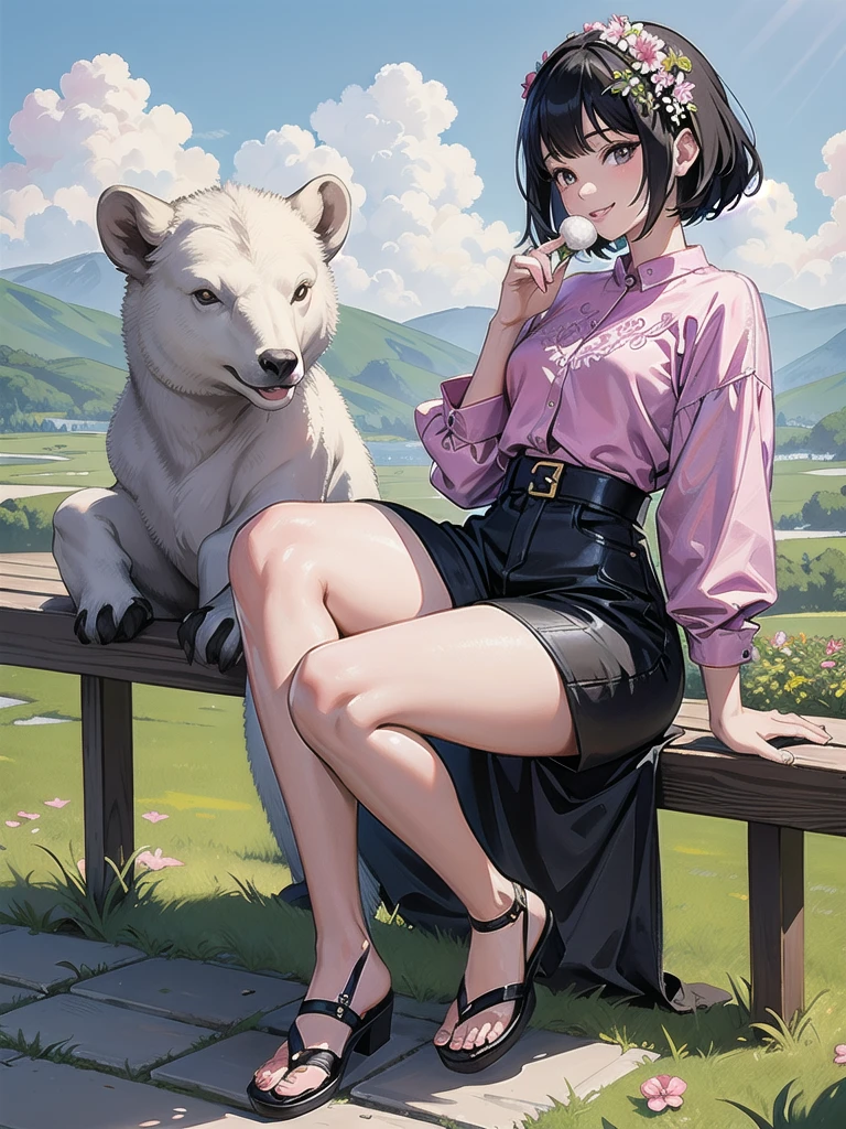 A stunning beauty cute Javanese girl, her name is Sora, 5 years tiful silky black short hair, beautiful black eyes, beautiful pink lips and smiling happily. She's wearing a magenta shirt, and a blue jeans jumpsuit with a brown bear logo embroided. Also she's wearing brown sandals. Her hand is holding flowers from the meadows in the riverside. A white sheep at her behind eating a flower. Very detailed anatomy, very detailed face, very detailed background, very detailed clothes. Photorealistic HD image, very wide angle, top to toes, full body, A Masterpiece.