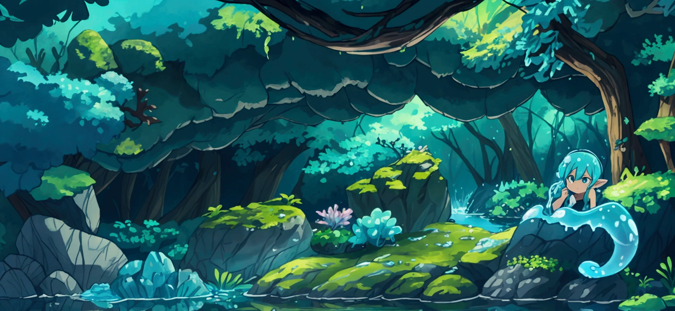 there is a stream surrounded by rocks with mosses, water elemental, blue water waves, water element, Blue Water Anime Wallpaper, iridescence water elemental, water type, water art photoshop, water elves, water art in photoshop, Water Snake, luminous water elemental, sea serpent
