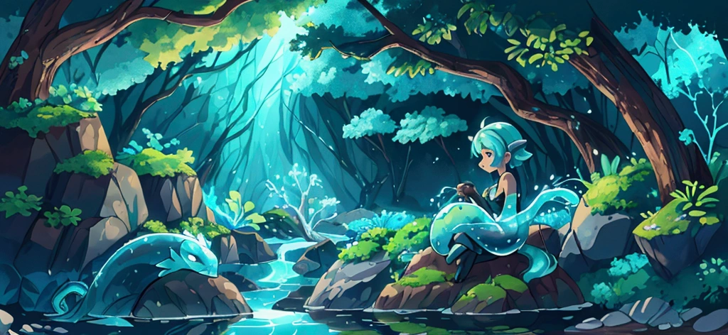 there is a stream surrounded by rocks with mosses, water elemental, blue water waves, water element, Blue Water Anime Wallpaper, iridescence water elemental, water type, water art photoshop, water elves, water art in photoshop, Water Snake, luminous water elemental, sea serpent