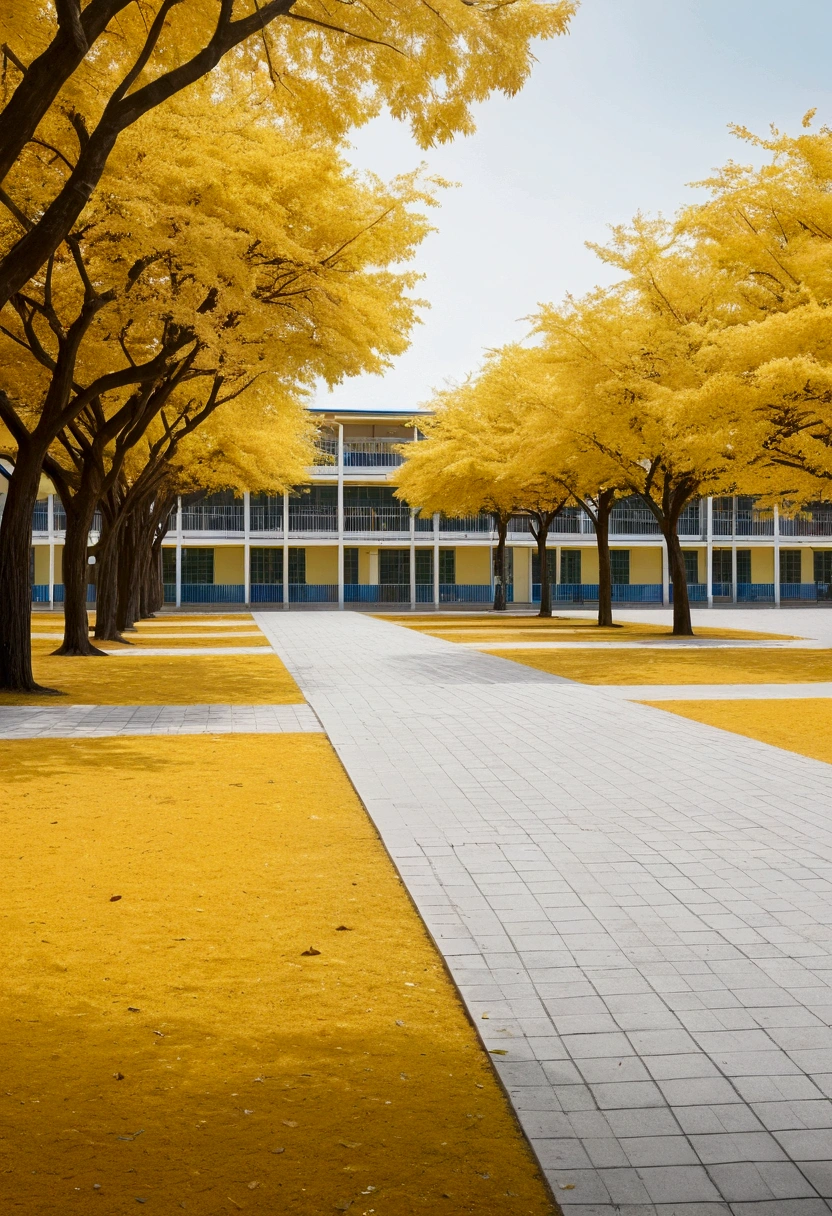 blurred background image, school yard, background, TREES, yellow school, white fences, segundo plano ultra 真实感, 真实感, 4K