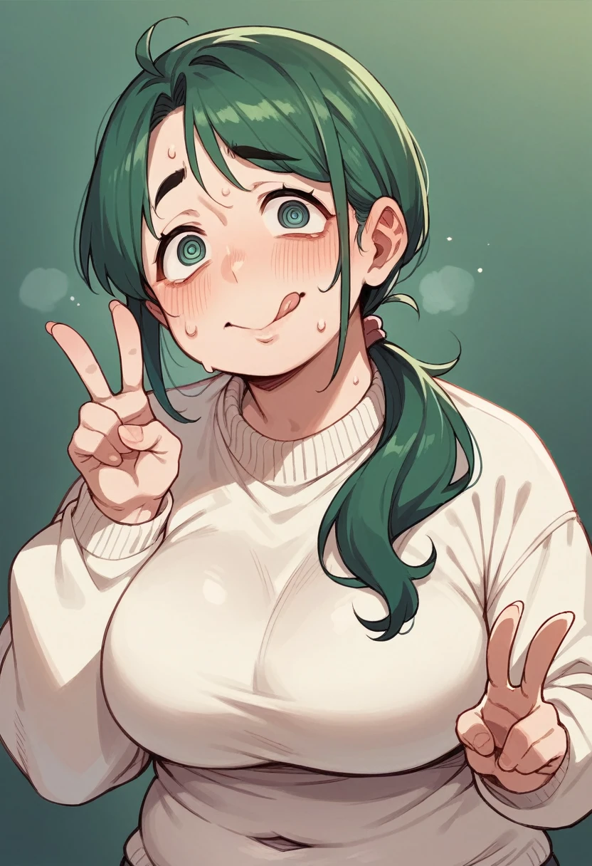 Anime Screenshot, chubby, milf, shy, pudgy face, large round eyes, dark green hair, ponytail, sweater, peace signs, sticking tongue out of mouth, sweating, nervous smile