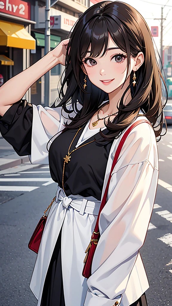 Woman in her 20s、Slim figure。(Upper Body) , With a smile, 彼女はjoyを表現した, 美しくてsmile, Laugh gently, かわいいsmile, 美しいWith a smile, Happy and cheerful expression, And she laughs,very happy,Friendly atmosphere,joy,Happy feeling,Her hair is brownish black in color.、Long hair with bangs。With big double eyes、((smile)),The outfit is feminine and suitable for a date.、Wearing a blouse and skirt。She wears a dainty necklace as an accessory.。The pose is of someone walking down the street。The background is the city during the day、The weather is fine。(masterpiece、Highest quality)、Best details ,