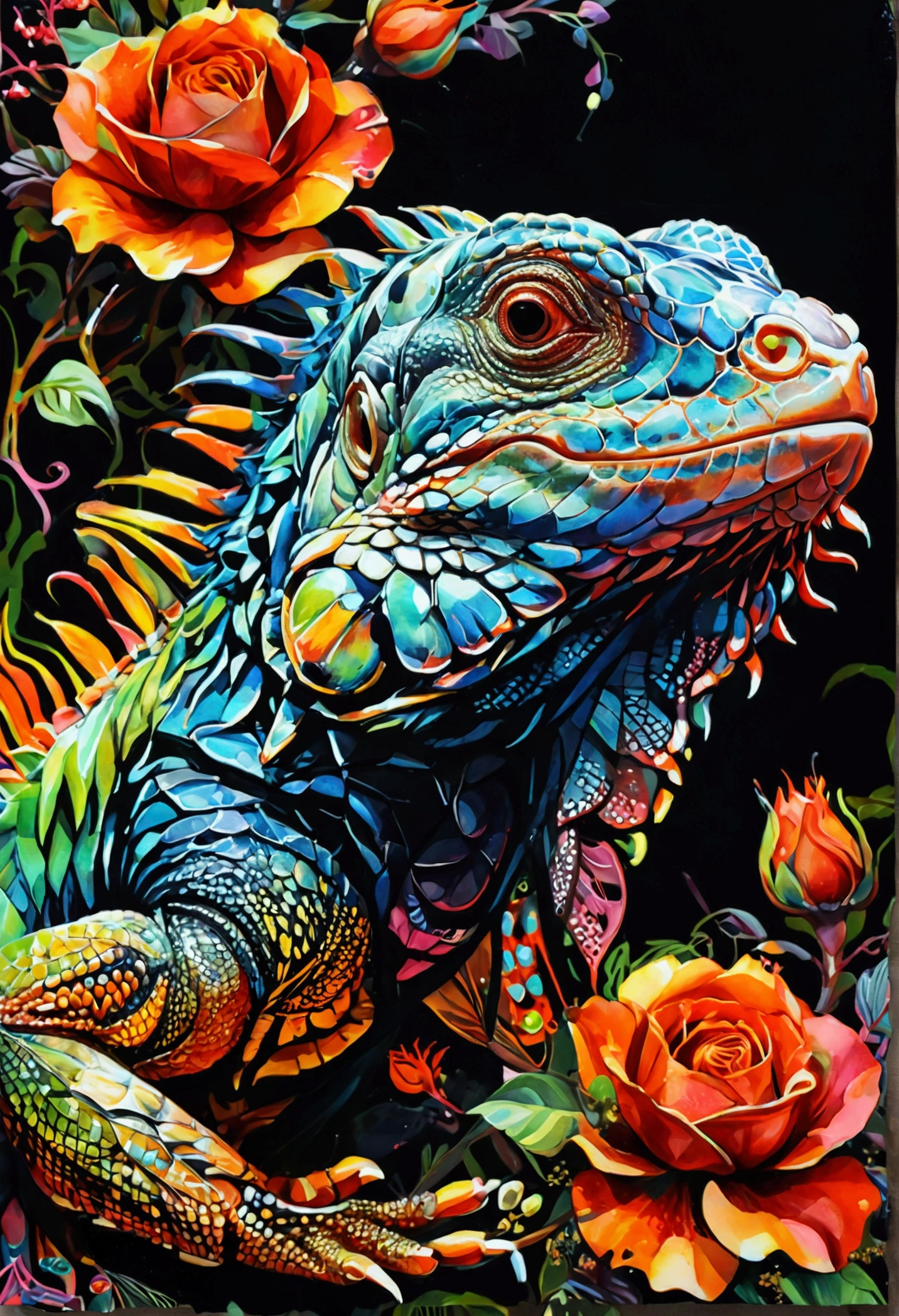 "Central design of an iguana: Art Nouveau, vector with discreet colors and synthwave. Simple background, -ar 1:1. High quality, watercolor logo style with 3D puff printing effect. Strong, dark colors, monochromatic background, by yukisakura, original and incredible colors."