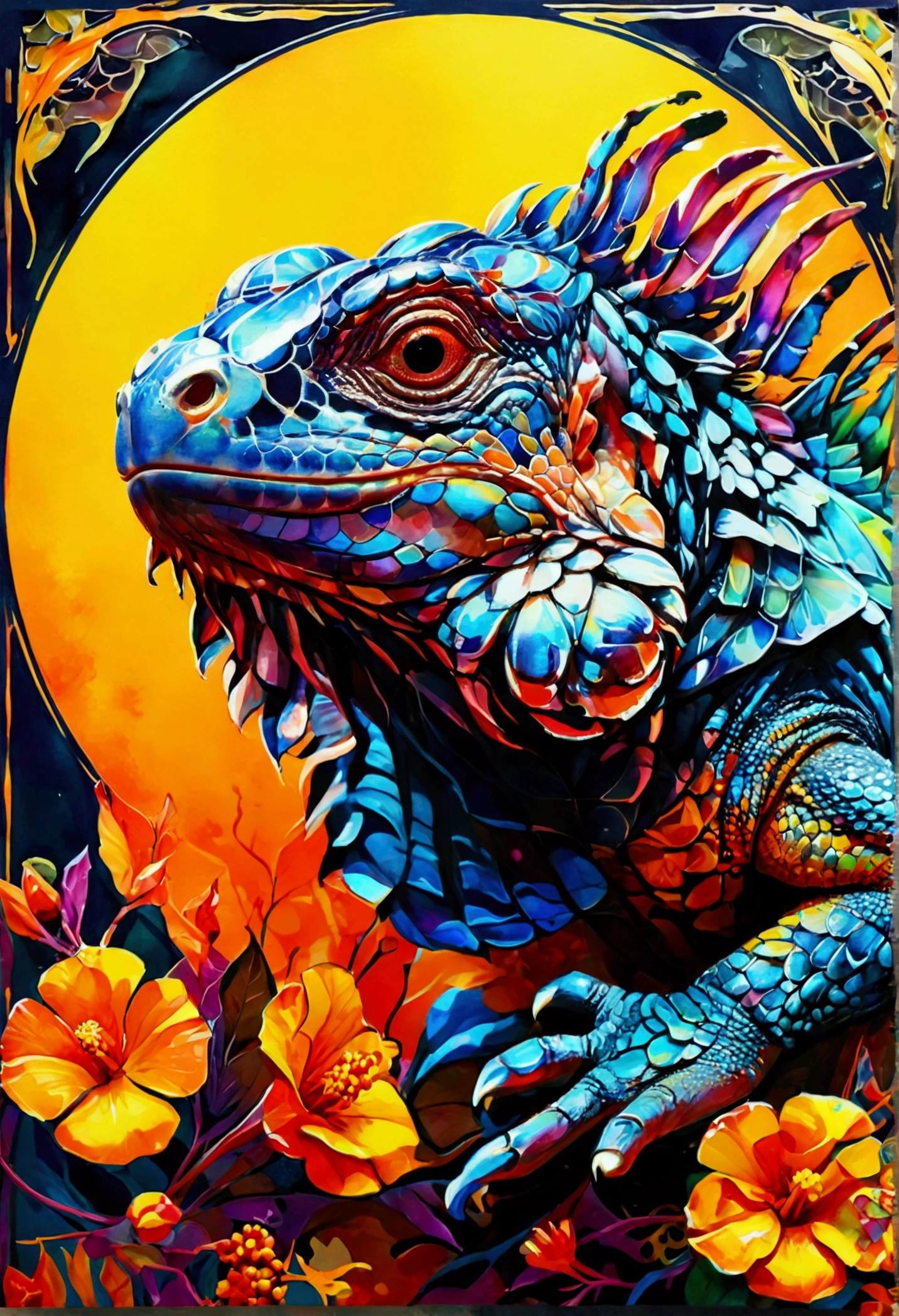 "Central design of an iguana: Art Nouveau, vector with discreet colors and synthwave. Simple background, -ar 1:1. High quality, watercolor logo style with 3D puff printing effect. Strong, dark colors, monochromatic background, by yukisakura, original and incredible colors."