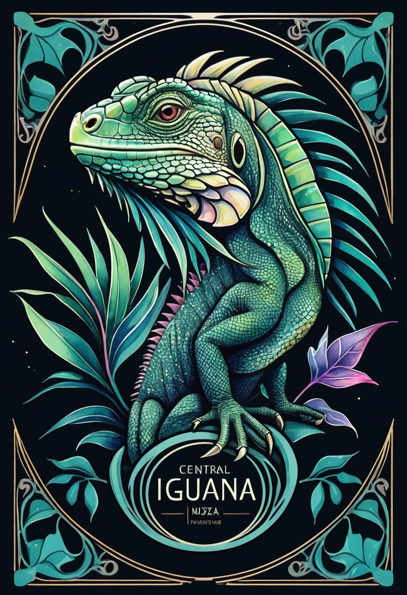 "Central design of an iguana: Art Nouveau, vector with discreet colors and synthwave. Simple background, -ar 1:1. High quality, watercolor logo style with 3D puff printing effect. Strong, dark colors, monochromatic background, by yukisakura, original and incredible colors."