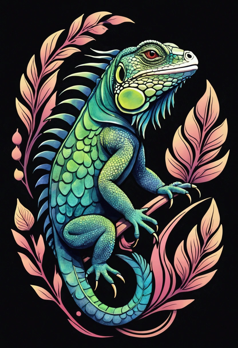 "Central design of an iguana: Art Nouveau, vector with discreet colors and synthwave. Simple background, -ar 1:1. High quality, watercolor logo style with 3D puff printing effect. Strong, dark colors, monochromatic background, by yukisakura, original and incredible colors."