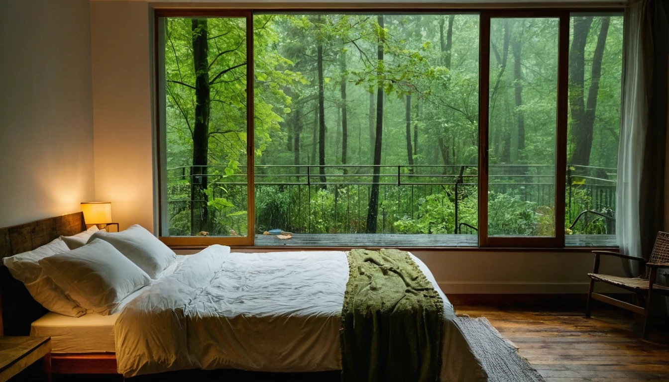 The image shows a cozy bedroom with a large window offering a view of a forest being drenched by rain. The bed is unmade with rumpled bedding, indicating recent use. Beside the bed, there is a small table with a classic lamp that is lit, casting warm light into the room. Outside the window, lush green plants can be seen in what appears to be a patio or balcony area, with rain visibly falling, creating a tranquil and peaceful atmosphere. The contrast between the indoor warmth and the outdoor rain creates an inviting and calming ambiance