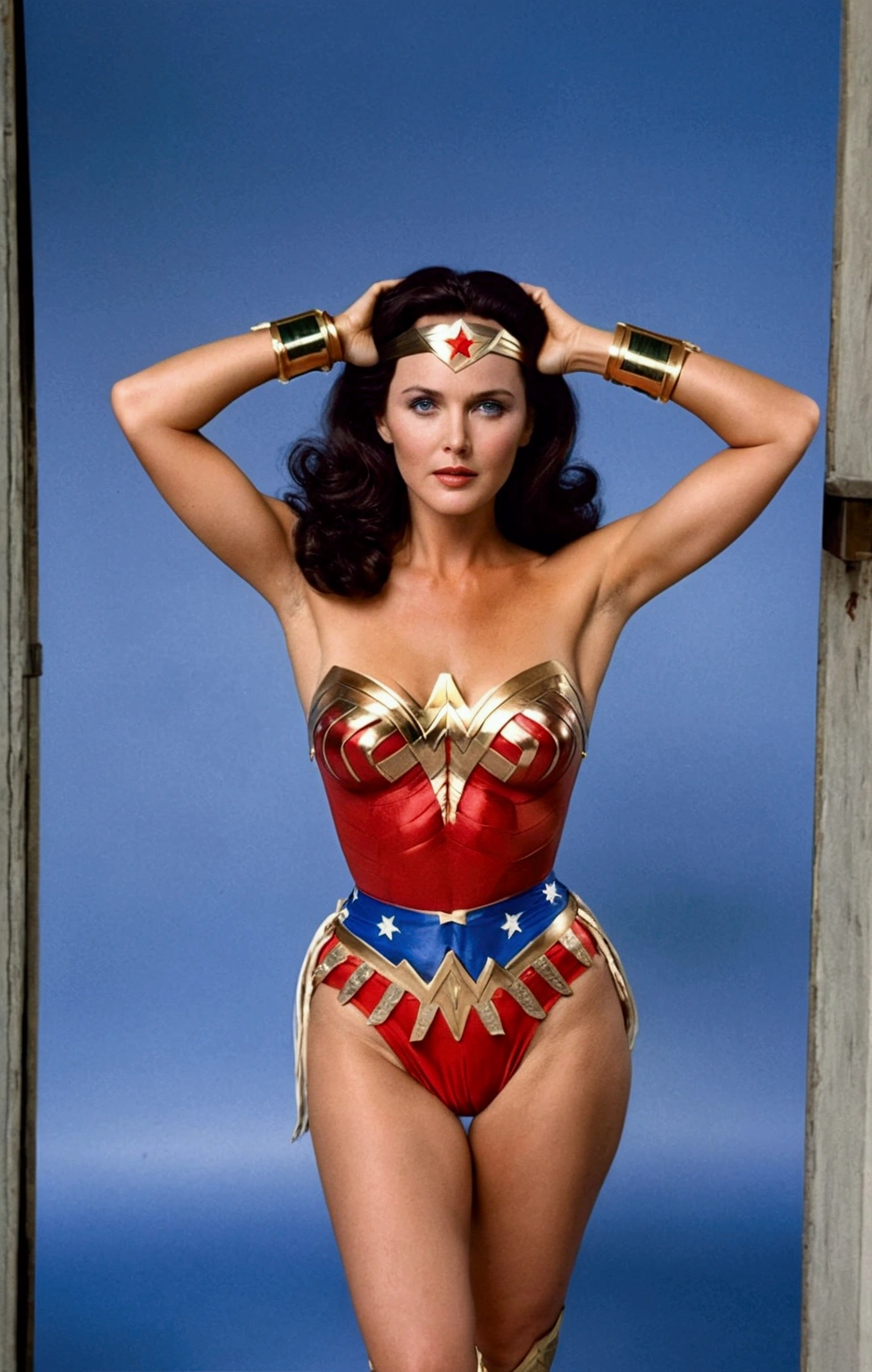 Linda Carter. Wonder woman. Full body shot, full length cinematic shot. sensual. stupid. sexy, transparent lingerie. Xxx, hyper realism. 8k. Photography, hyper realism. k. Photography (Masterpiece, super detail, high detail, Best Quality, 8k