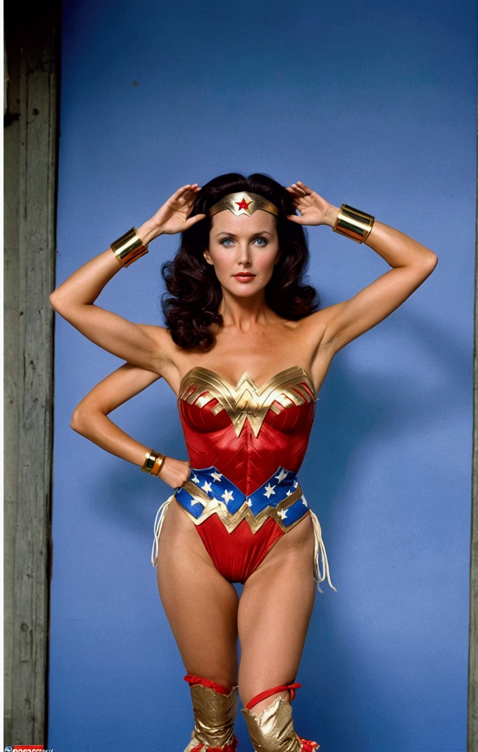 Linda Carter. Wonder woman. Full body shot, full length cinematic shot. sensual. stupid. sexy, transparent lingerie. Xxx, hyper realism. 8k. Photography, hyper realism. k. Photography (Masterpiece, super detail, high detail, Best Quality, 8k