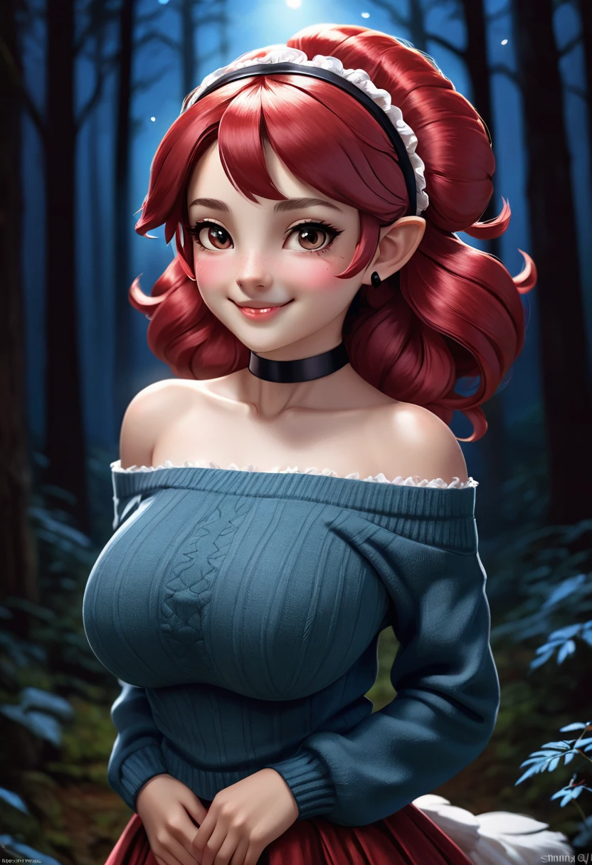 masterpiece, best quality, highly detailed, 1girl, solo, twintails, off-shoulder sweater, cherry red hair. choker, jacket, hairband, looking at viewer, smile, blush, Wide Smile, Eyes Detailed & Wide, sexy Pose. Ultra HD, Rococo-Inspired Fantasy Art With Intricate Details. Cute, Charming Expression, Alluring-Gaze, looking at viewer Beautiful Eyes, An-Ideal-Figure. Large Youthful Well-Shaped-Breasts, Massive-Round-Bosom, Décolletage. slim waist, fit body, full lipsWarm lights , woman in a dreamy forest at night, with fluffy hair, delicate face, realistic, real, slim, large aperture, sexy shots, attractive poses,Stunnin gly beautiful merge of Tala Ashe. symmetrical face, photorealistic, photography, path tracing, specular lighting, volumetric face light, path traced hairmaximum quality{(masutepiece) (8K High Resolution) (top-quality) In the style of breath of the wild.