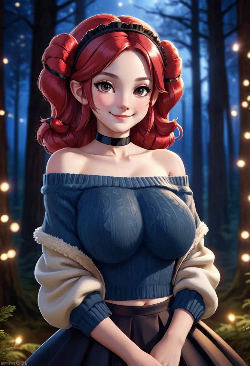masterpiece, best quality, highly detailed, 1girl, solo, twintails, off-shoulder sweater, cherry red hair. choker, jacket, hairband, looking at viewer, smile, blush, Wide Smile, Eyes Detailed & Wide, sexy Pose. Ultra HD, Rococo-Inspired Fantasy Art With Intricate Details. Cute, Charming Expression, Alluring-Gaze, looking at viewer Beautiful Eyes, An-Ideal-Figure. Large Youthful Well-Shaped-Breasts, Massive-Round-Bosom, Décolletage. slim waist, fit body, full lipsWarm lights , woman in a dreamy forest at night, with fluffy hair, delicate face, realistic, real, slim, large aperture, sexy shots, attractive poses,Stunnin gly beautiful merge of Tala Ashe. symmetrical face, photorealistic, photography, path tracing, specular lighting, volumetric face light, path traced hairmaximum quality{(masutepiece) (8K High Resolution) (top-quality) In the style of breath of the wild.
