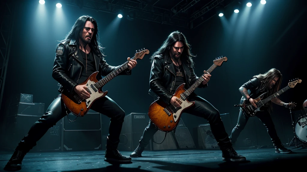 a heavy metal band performing on stage, gritty and intense, lead singer with long hair and leather jacket, guitarist shredding, drummer pounding the drums, dramatic fog and lighting, cinematic and high energy, dark and moody atmosphere, dynamic performance, intense guitar riffs, pounding drums, raw and powerful, masterful musicianship, (best quality,4k,8k,highres,masterpiece:1.2),ultra-detailed,(realistic,photorealistic,photo-realistic:1.37),cinematic lighting, dramatic shadows, hard rock, extreme metal, heavy metal concert, concert photography