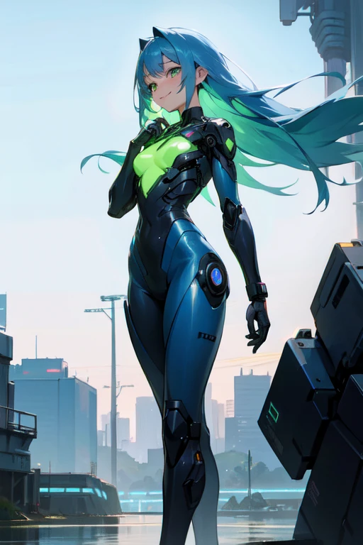 A cool and blushing female cyborg in her late twenties with short, metallic blue hair, glowing green cybernetic eyes, and a shy smile. She wears a sleek silver bodysuit with integrated tech armor, augmented gloves, and high-tech boots. She is standing in a beautiful futuristic park with floating flowers and shimmering streams