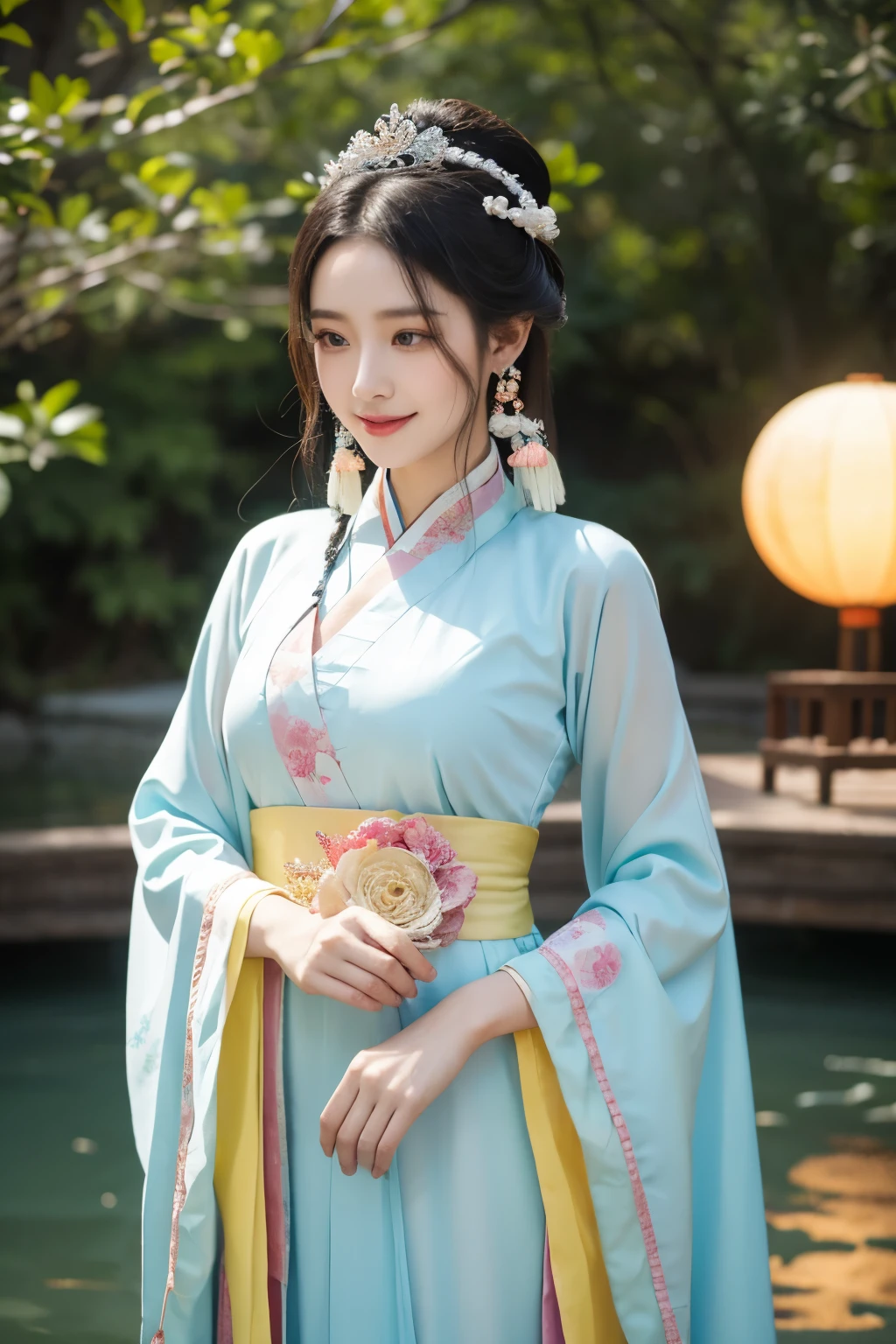 there is a beautiful woman in a colorful dress with a moon in the background, palace, a girl in hanfu, happy smile, wearing ancient chinese clothes, ethereal beauty, inspired by Qiu Ying, white hanfu, inspired by Lan Ying, a beautiful fantasy empress, lunar goddess, a beautiful fantasy empress, ancient chinese princess, inspired by Luo Mu, masterpiece, UHD, 8K