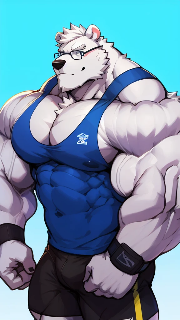 solo, 1boy, Huge Muscular White Polar Bear wearing glasses, huge white fur, pectoral, huge pectoral, wide pectoral, short white hair, blue colored short pants, blue colored wristbands and blue colored tank top, white bearded, white Mustache, white fur, simple background, masterpiece, high detailed, 8k, high resolution, at the gym, flexes huge muscles