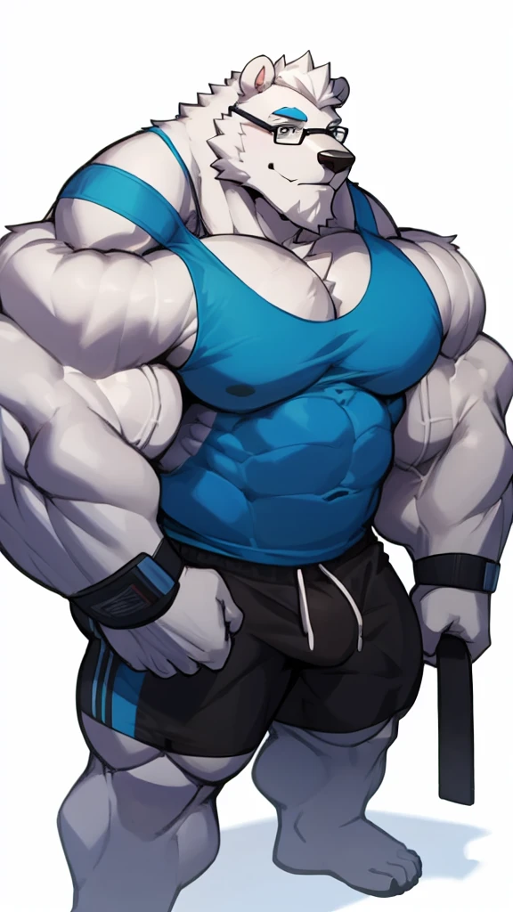 solo, 1boy, Huge Muscular White Polar Bear wearing glasses, huge white fur, pectoral, huge pectoral, wide pectoral, short white hair, blue colored short pants, blue colored wristbands and blue colored tank top, white bearded, white Mustache, white fur, simple background, masterpiece, high detailed, 8k, high resolution, at the gym, flexes huge muscles