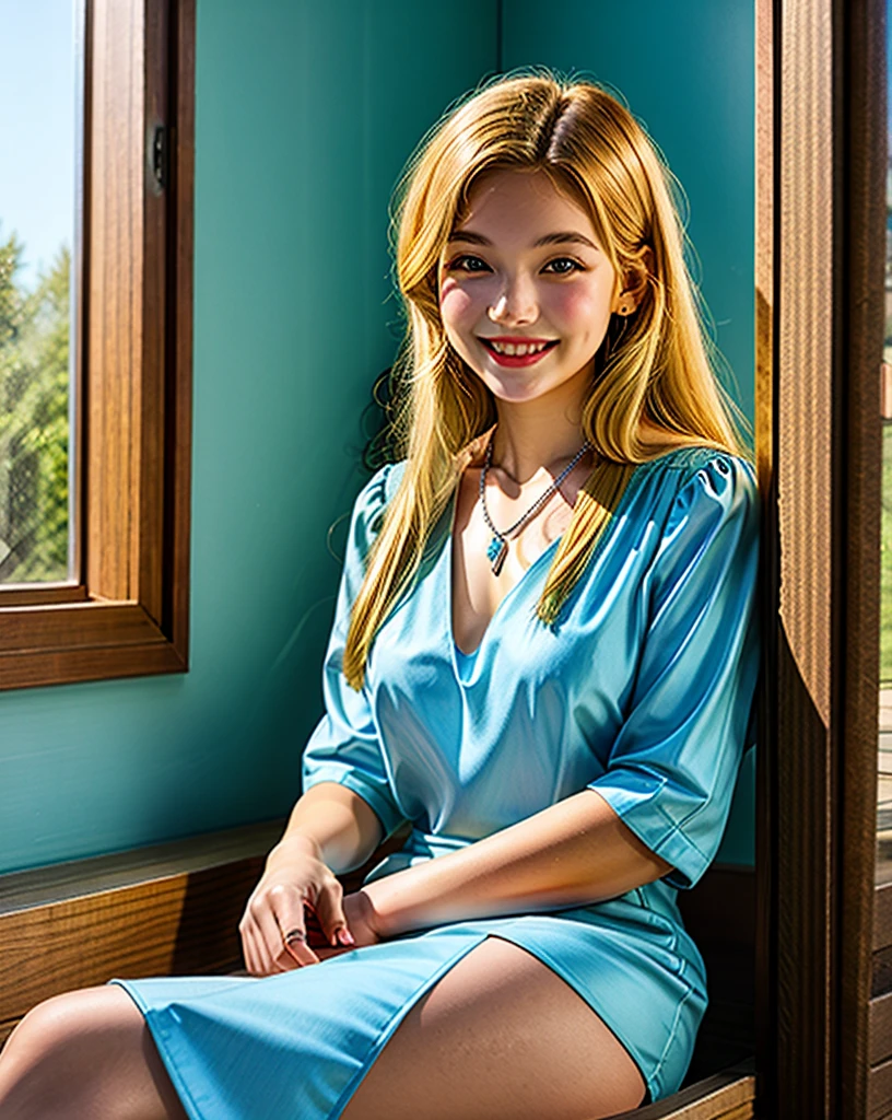 Digital Painting of 1girl,retro-styled light blue dress,blonde long hair,silver necklace,smiling,sitting next to a wooden window,