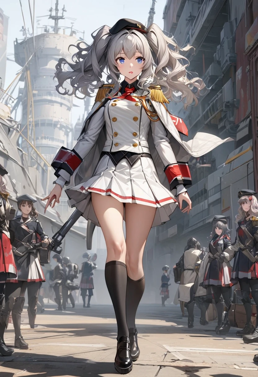 One young beautiful woman,(Highest quality,Extremely detailed depiction,Incredibly absurd high resolution,Anatomically accurate depiction), solo focus, (full body shot:1.1), (kashima /(kancolle/):1.2),Pleated skirt,Black knee-high socks,Blue Eyes,Loosely wavy silver hair,Medium Hair,Black Beret,Outfitting,Twin tails,White formal uniform with epaulettes,Light pink lipstick