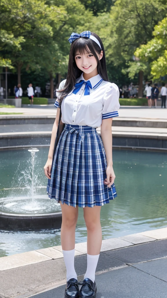 Japanese high school girl, smiling face, young face, long black hair, long straight black hair, blue hairband, white short-sleeved blouse, blue ribbon decoration on collar, blue and black checkered pleated skirt, black socks, blue shoes, standing in front of fountain square, park, clear stream waterway, nostalgic scenery, blue sky and white cumulonimbus clouds, voluptuous body