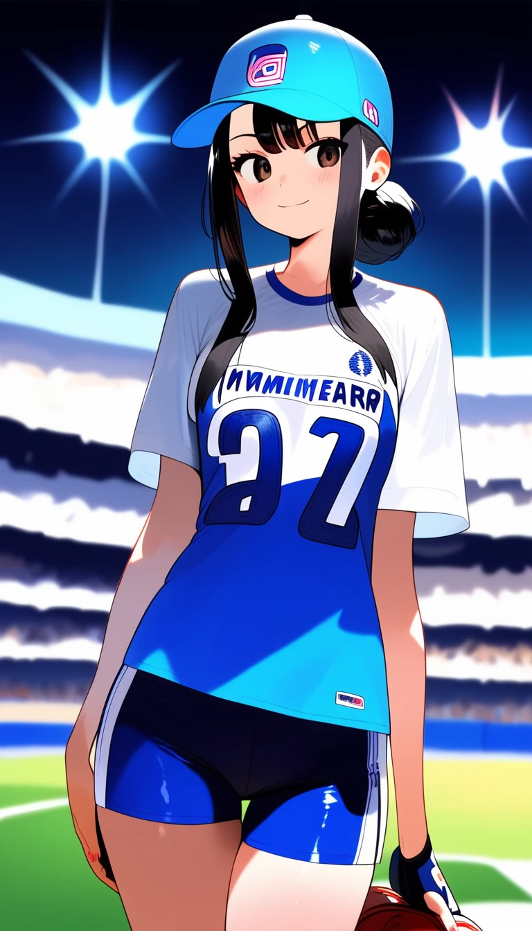 Midsummer Stadium Baseball Black Hair Girl。He is wearing a light blue baseball shirt with a summery blue and white look.、Baseball Cap、Vision、Visionのスタジアム、