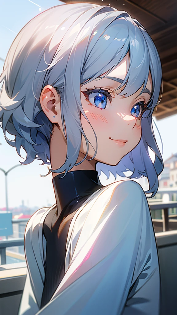 1girl、Silver Hair, (Sparkling Blue Eyes)、smile、profile、Face close-up、Morning Cafe Terrace、Background blur, Written boundary depth