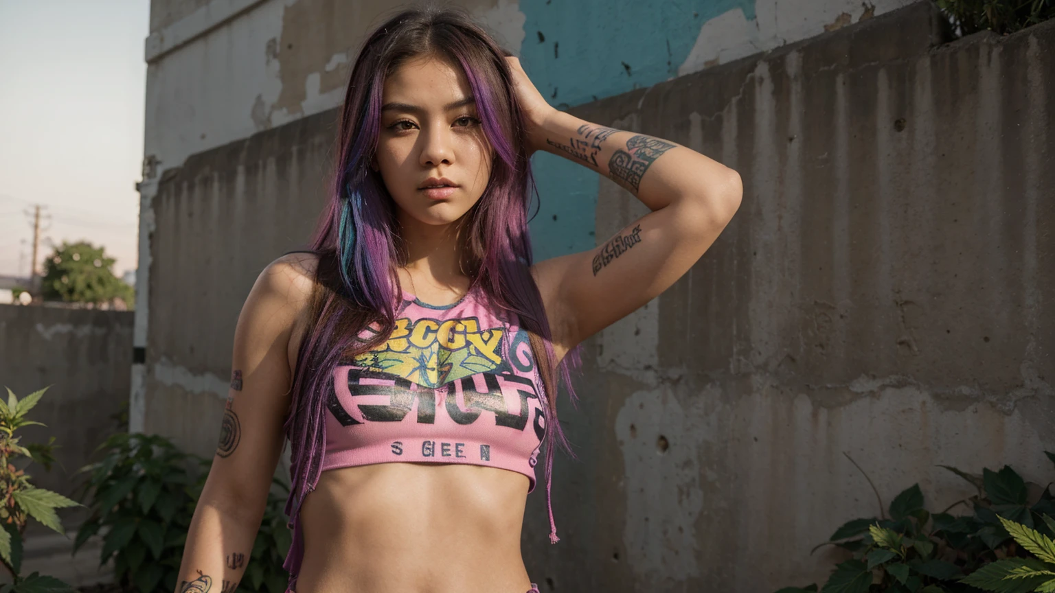 stylized artwork of soft filter. grunge filter. photorealistic. 8k. cinematic, very high resolution. maximum resolution. ultra realistic. unique beautiful face, realistic face, retro grunge photo ascetic. grunge mexican wall graffiti., full-body-tattooed. rainbow hair. cute sexyian girl, in marijua buds crop, skimpy small red gym outfit. sunset